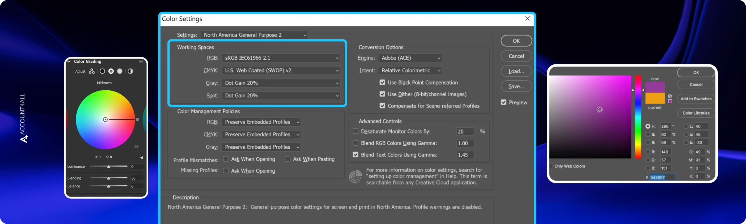 تنظیمات color setting در فتوشاپ