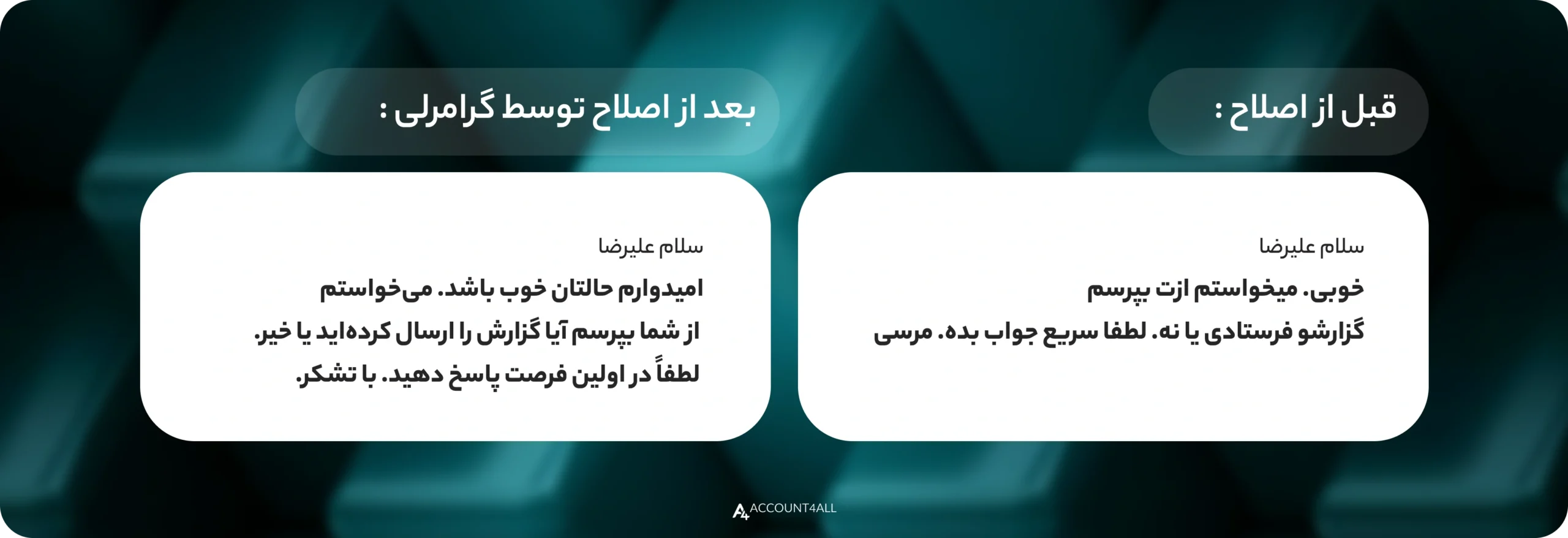 استفاده از گرامرلی برای ایمیل فارسی قبل و بعد از اصلاح متن